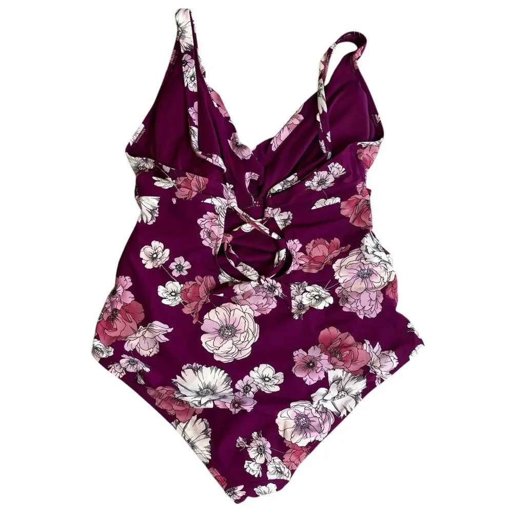 Freshwater Surplice Lace-Back One-Piece Swimsuit Plus Size 2X Purple Floral - Picture 3 of 16